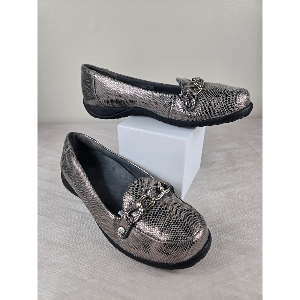 Vionic Alda Metallic Pewter Snakeskin Chain Loafers Womens 6.5 Orthotic Flats